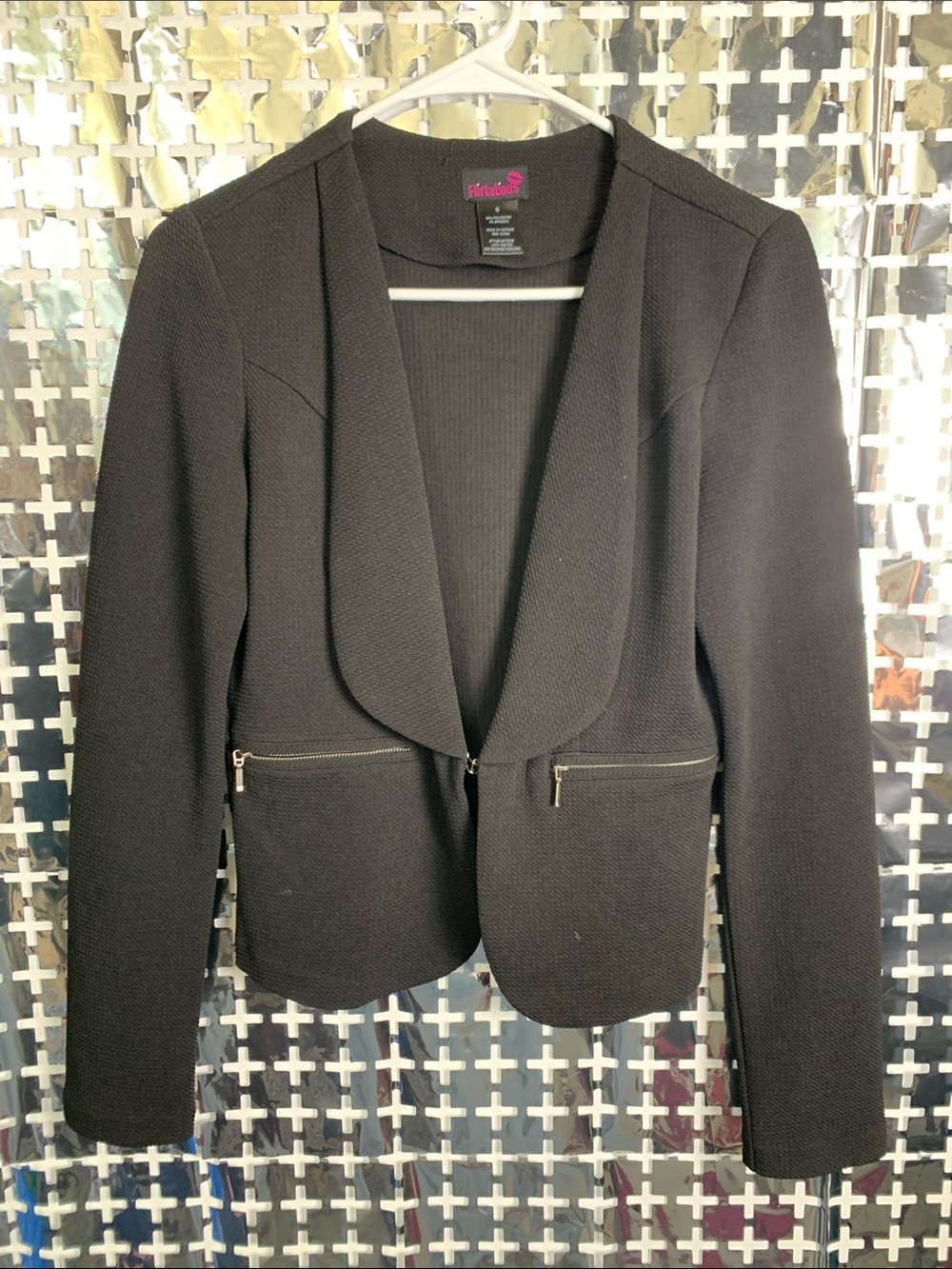 Flirtatious Black Textured Open-Front Blazer with fake Zip Pockets